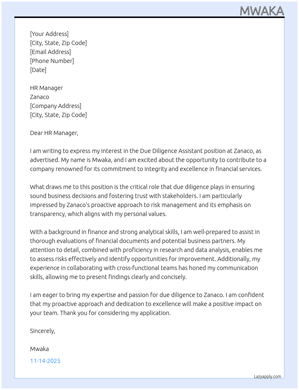 due diligence assistant  At Zanaco Cover Letter