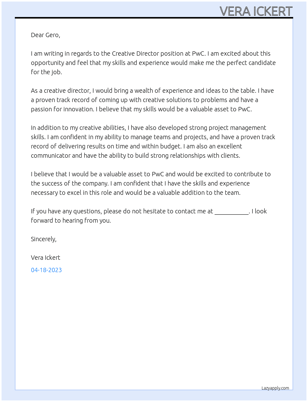 Creative Director At PwC  Cover Letter