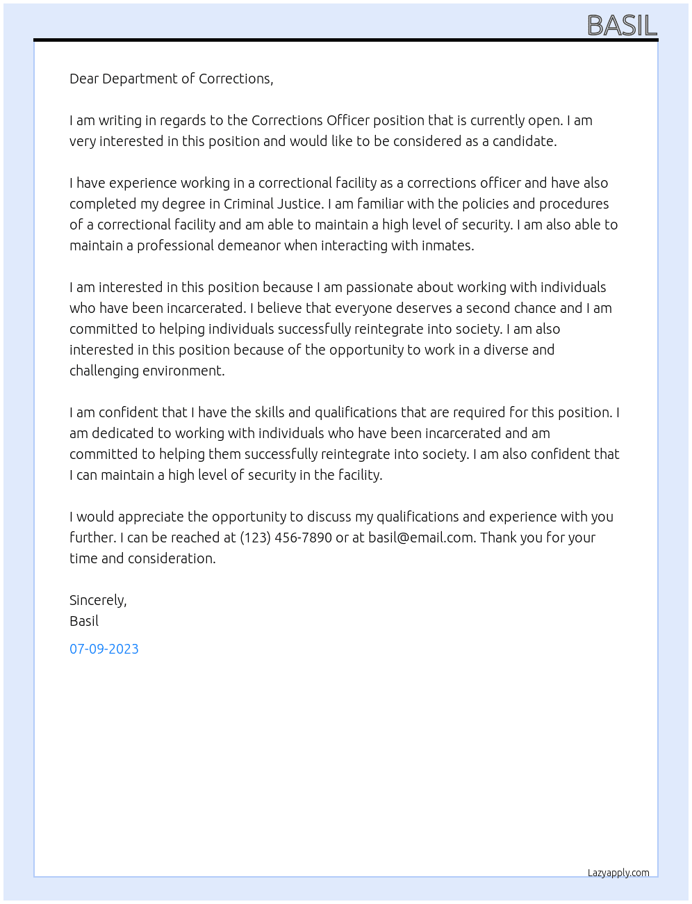 Corrections Officer At Department of Corrections Cover Letter
