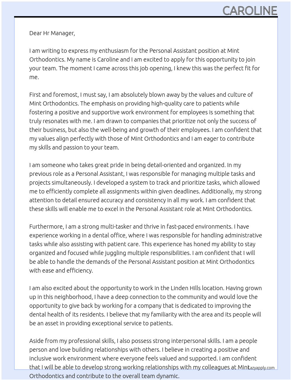 personal assistant At Mint Orthodontics Cover Letter