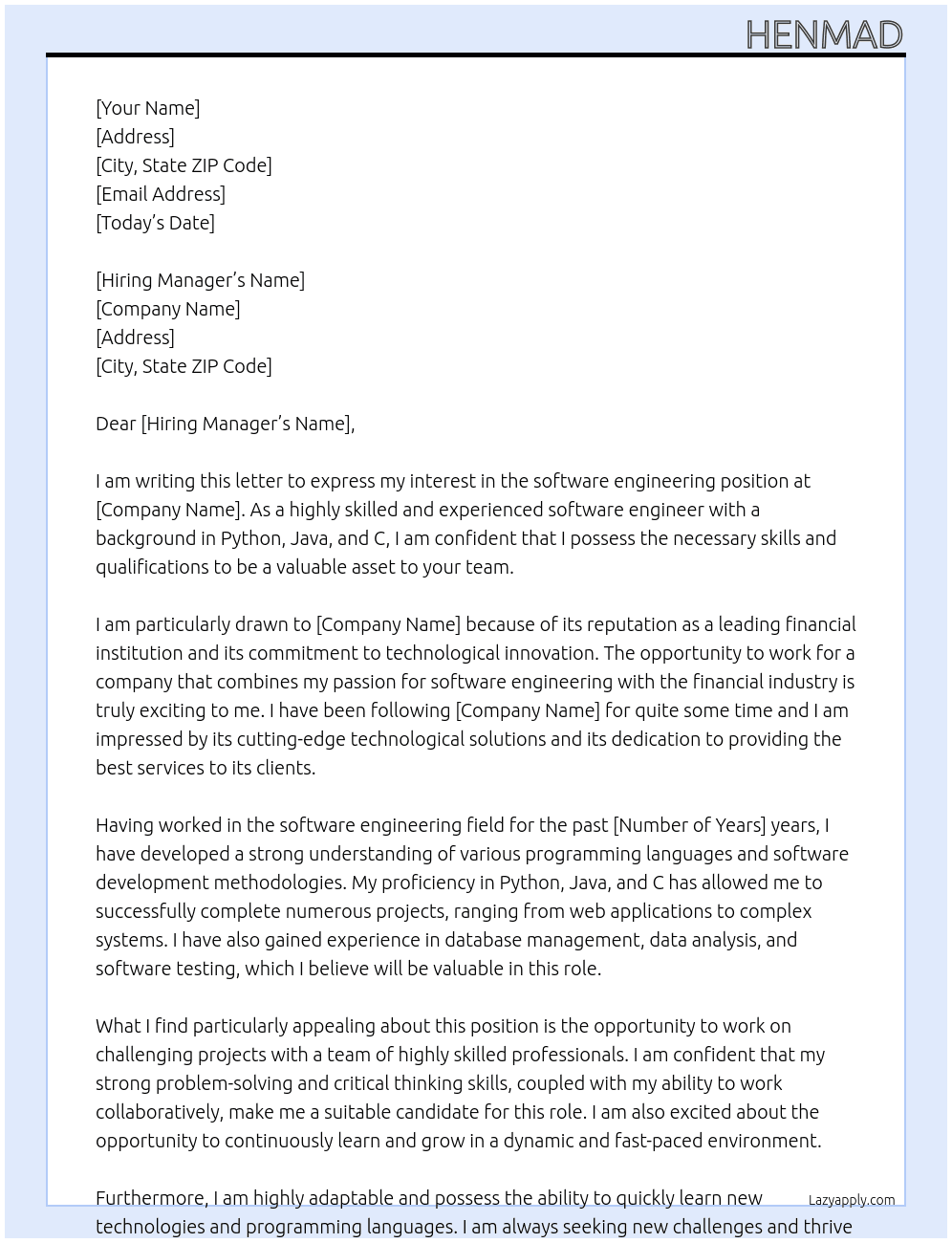 software engineering At goldmansachs Cover Letter