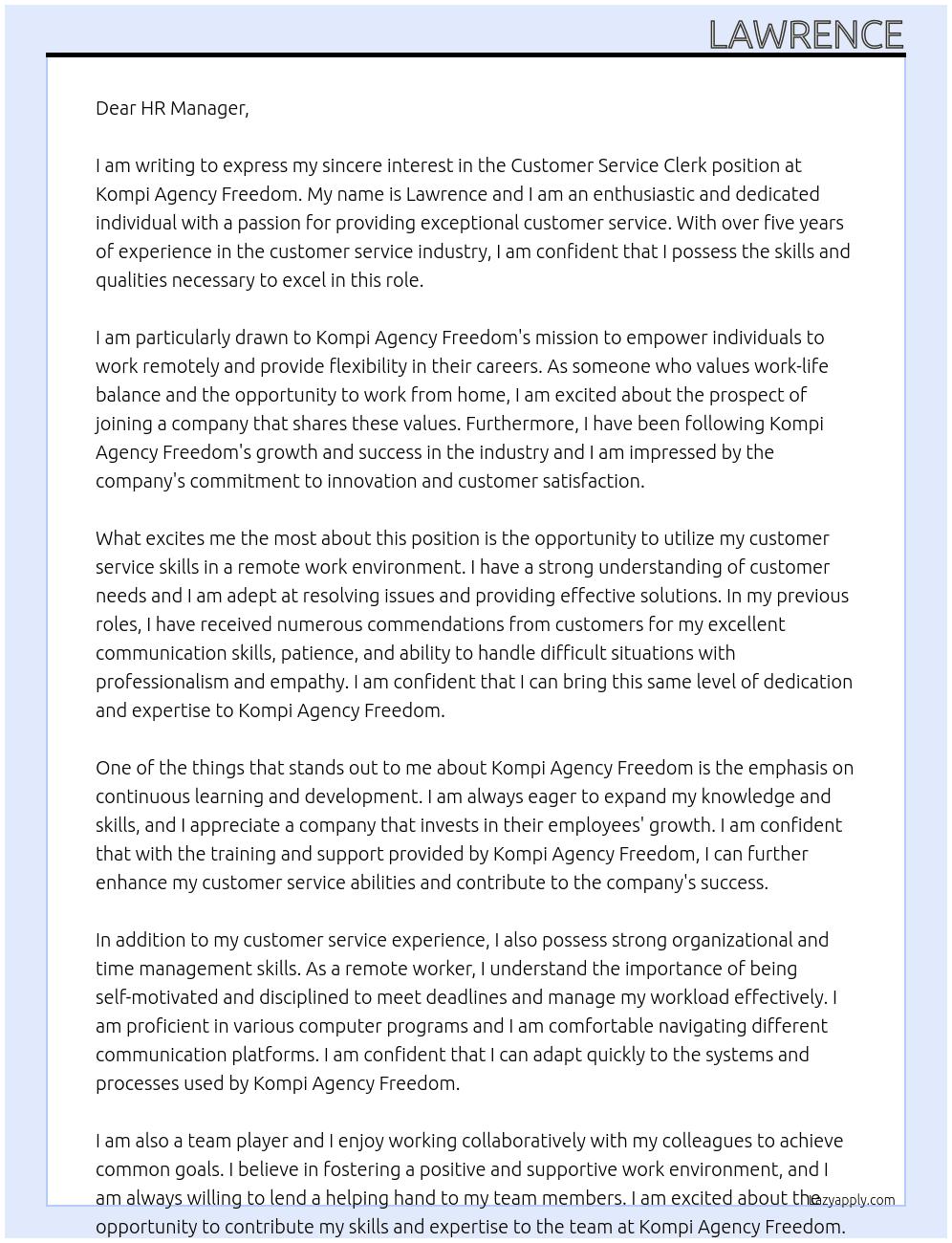 Customer Service Clerk (Remote Work From Home) At Kompi Agency Freedom Cover Letter