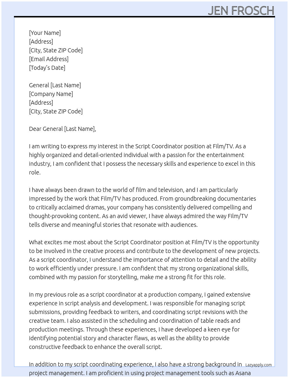 script coordinator At Film/TV Cover Letter