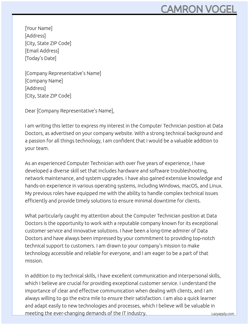 Computer Technician  At Data Doctors Cover Letter