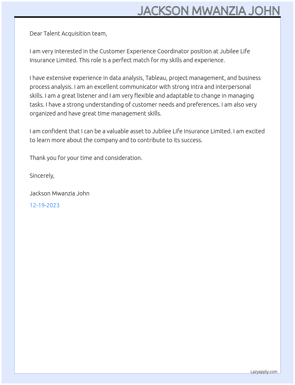Customer Experience Coordinator At Jubilee Life Insurance Limited Cover Letter