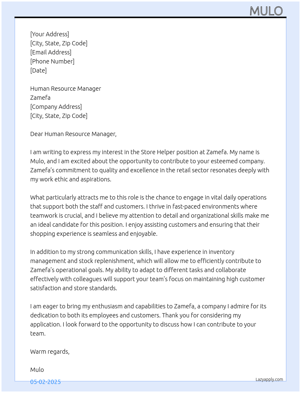 Store helper At Zamefa Cover Letter