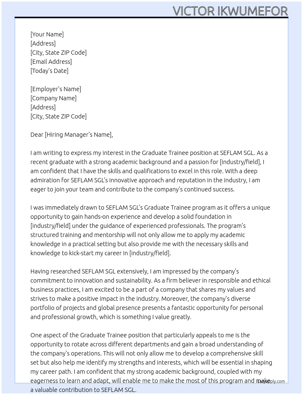 Graduate Trainee At SEFLAM SGL Cover Letter