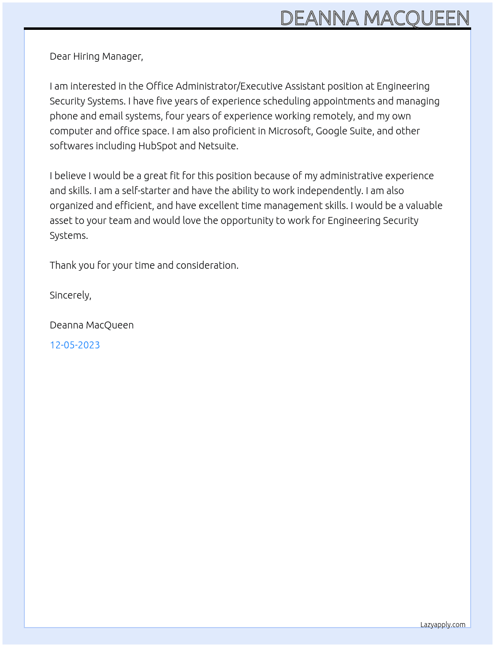 Office Administrator/Executive Assistant At Engineering Security Systems Cover Letter