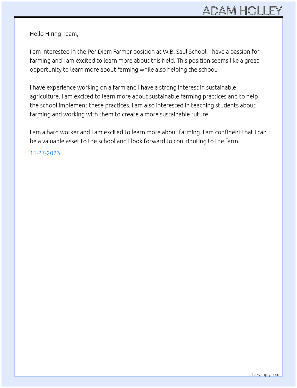 Per Diem Farmer At W.B. Saul School Cover Letter