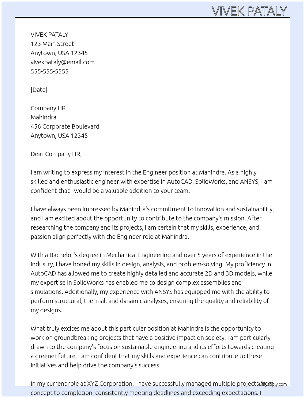  engineer  At Mahindra  Cover Letter