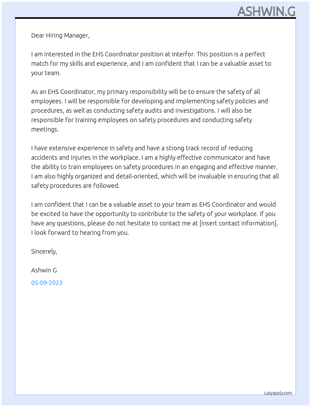 EHS Coordinator At Interfor Cover Letter