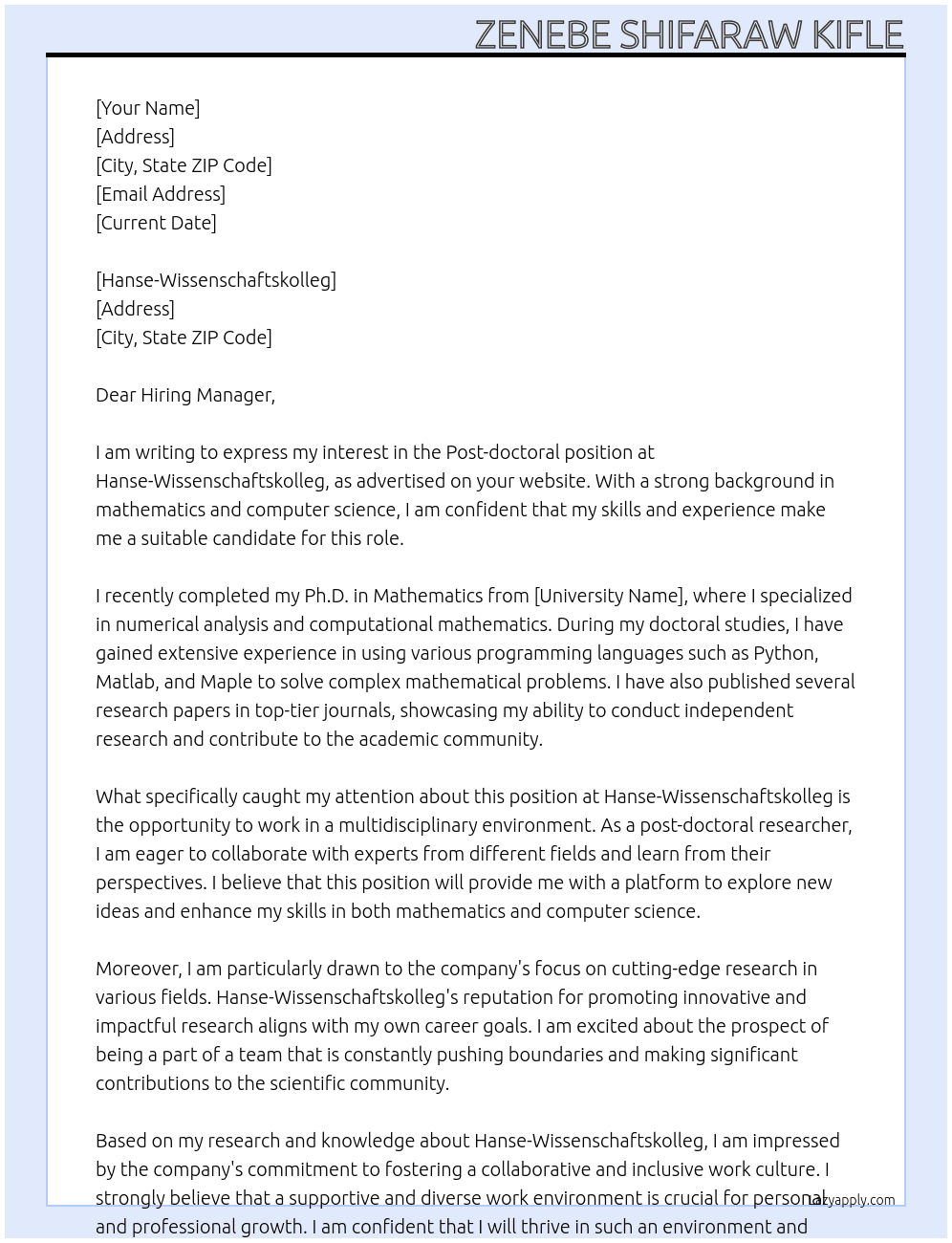 Post-doctoral At Hanse-Wissenschaftskolleg Cover Letter