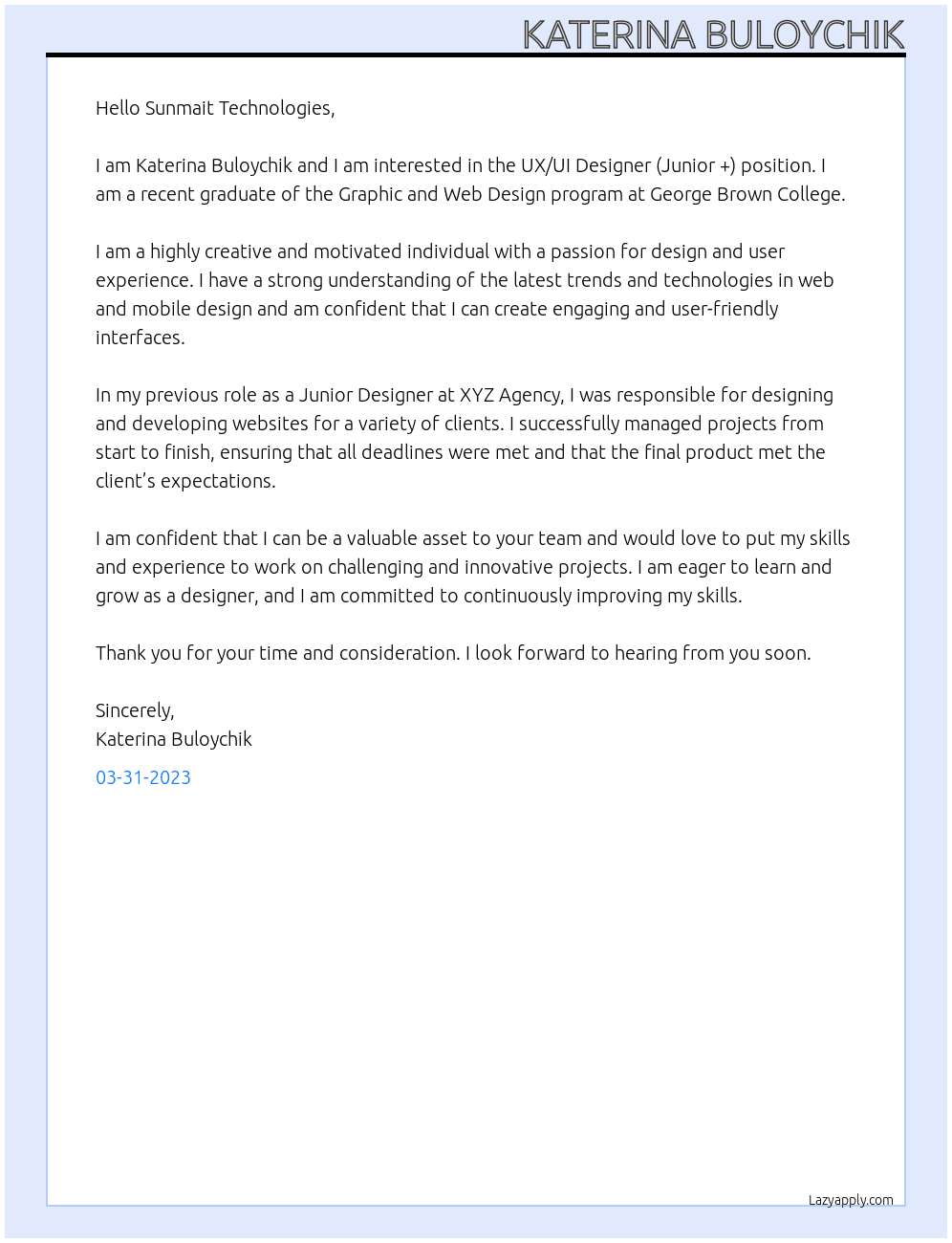 UX/UI Designer (Junior +) At Sunmait Technologies Cover Letter