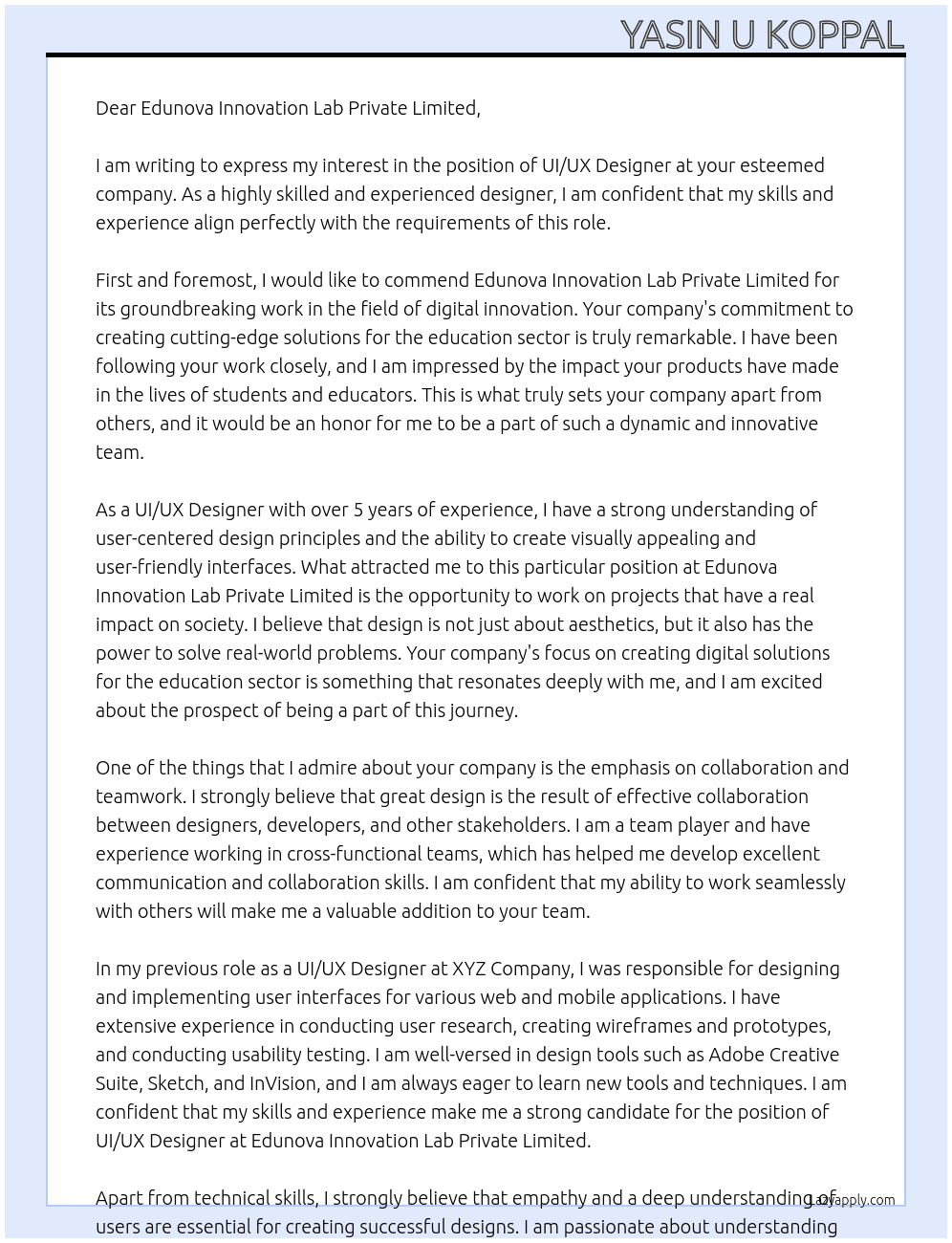 UI UX Designer At Edunova Innovation Lab Private Limited Cover Letter