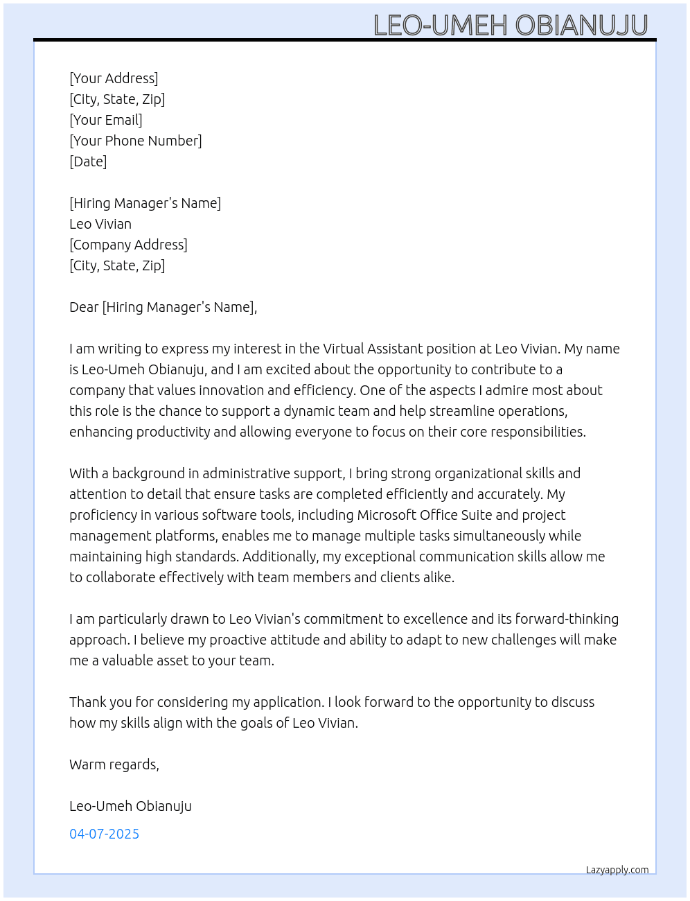 Virtual Assistant At Leo Vivian  Cover Letter