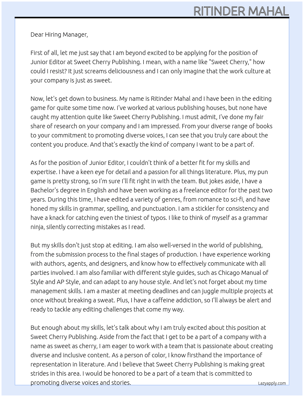 Junior Editor At Sweet Cherry Publishing Cover Letter