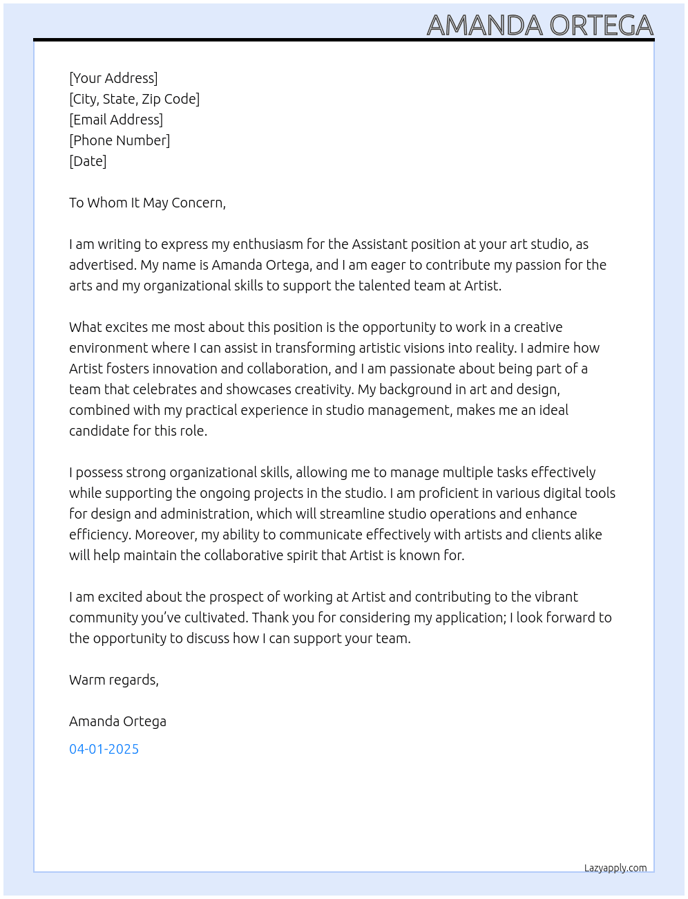 assistant for art studio At artist Cover Letter