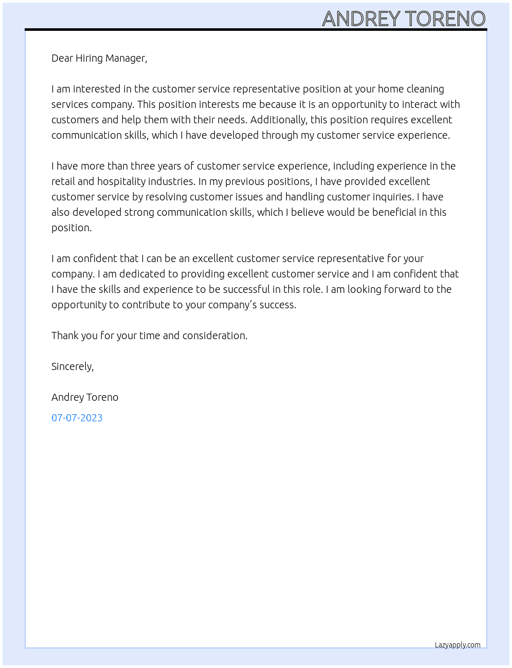 Customer service representative At home cleaning services company Cover Letter