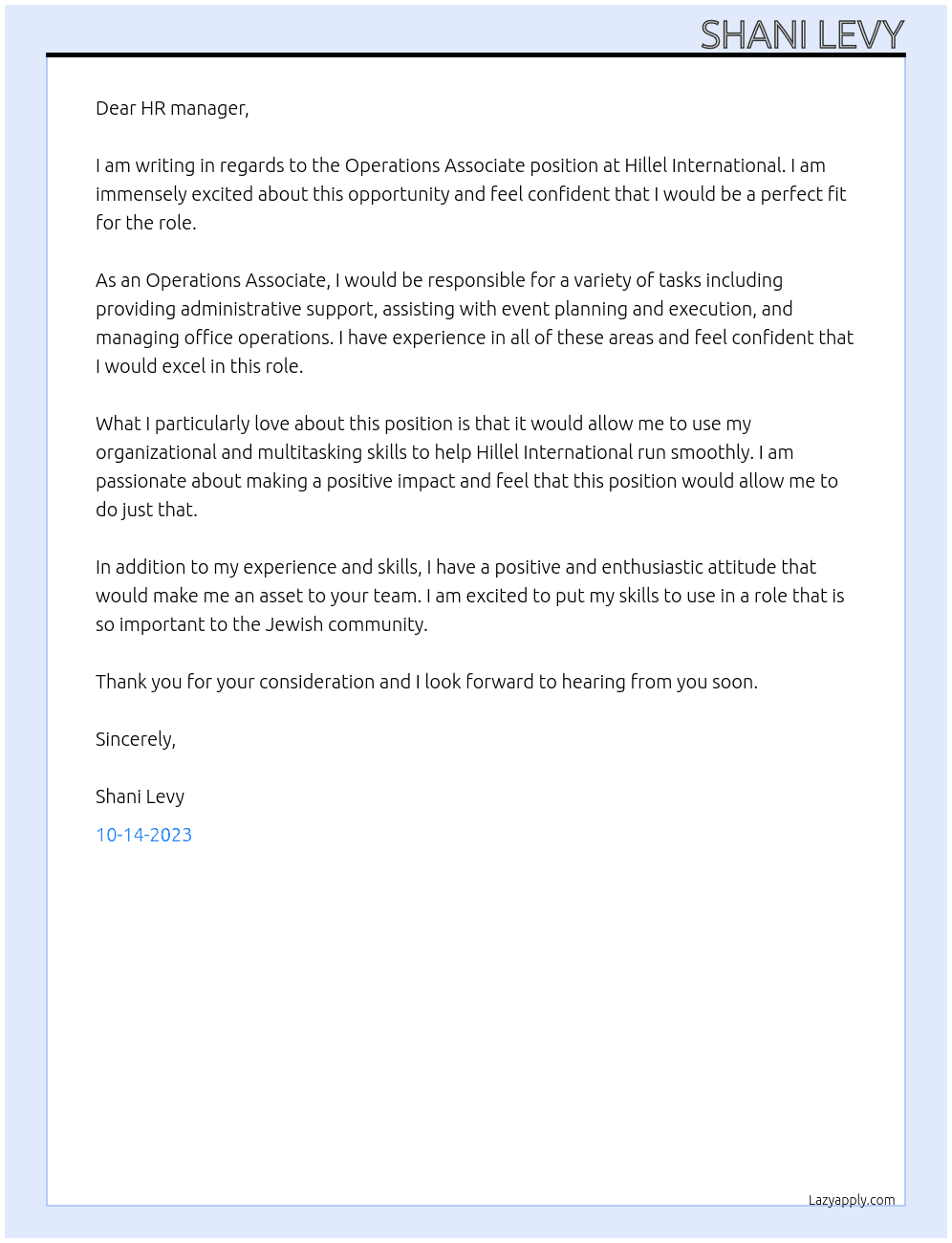 Operations Associate At Hillel International Cover Letter