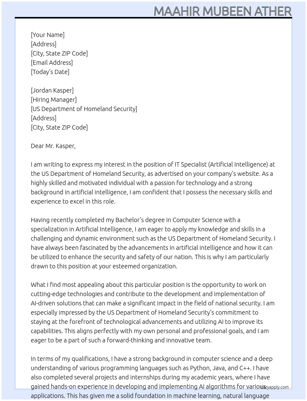IT Specialist (Artificial Intelligence) At US Department of Homeland Security Cover Letter