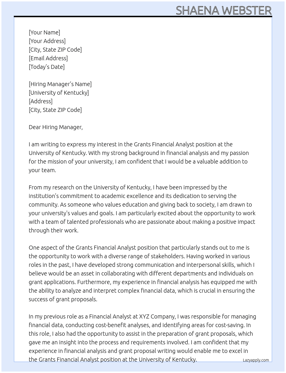 Grants Financial Analyst At University of Kentucky Cover Letter