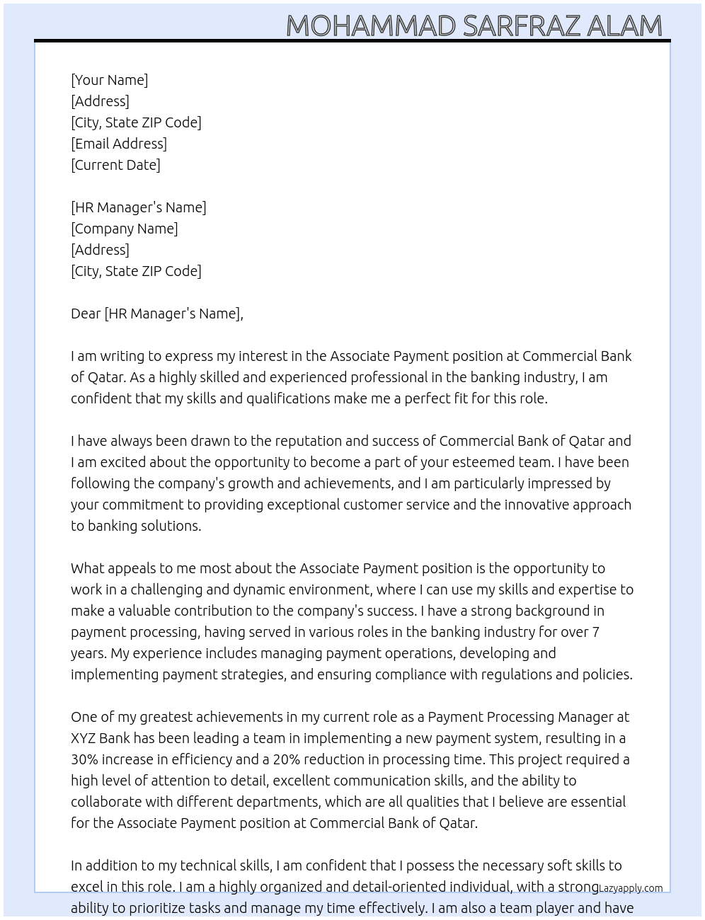 Associate payment  At Commercial Bank of Qatar  Cover Letter