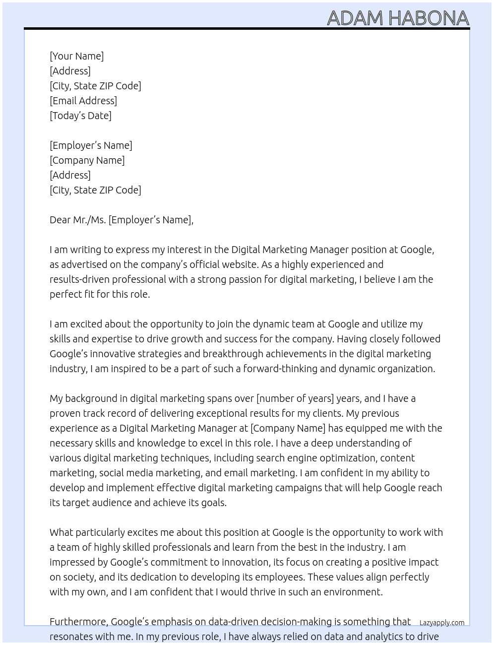 Digital Marketing Manager At Google Cover Letter