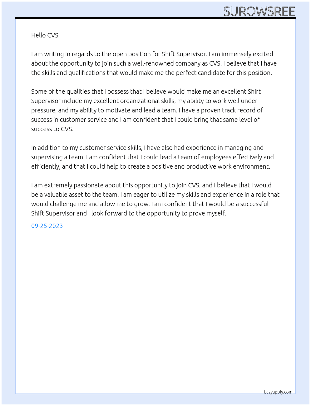Shift Supervisor  At CVS Cover Letter