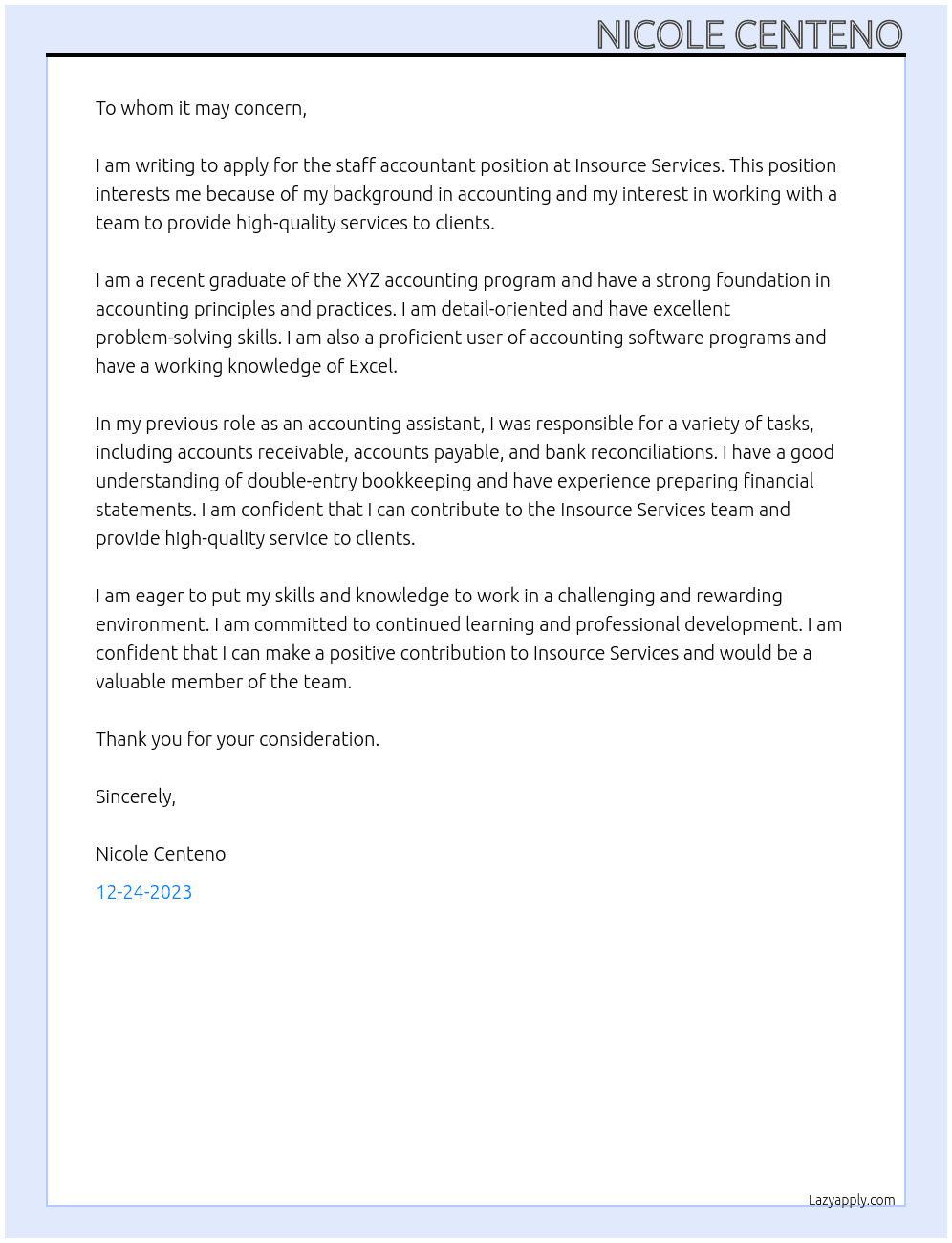 Staff accountant  At Insource services Cover Letter
