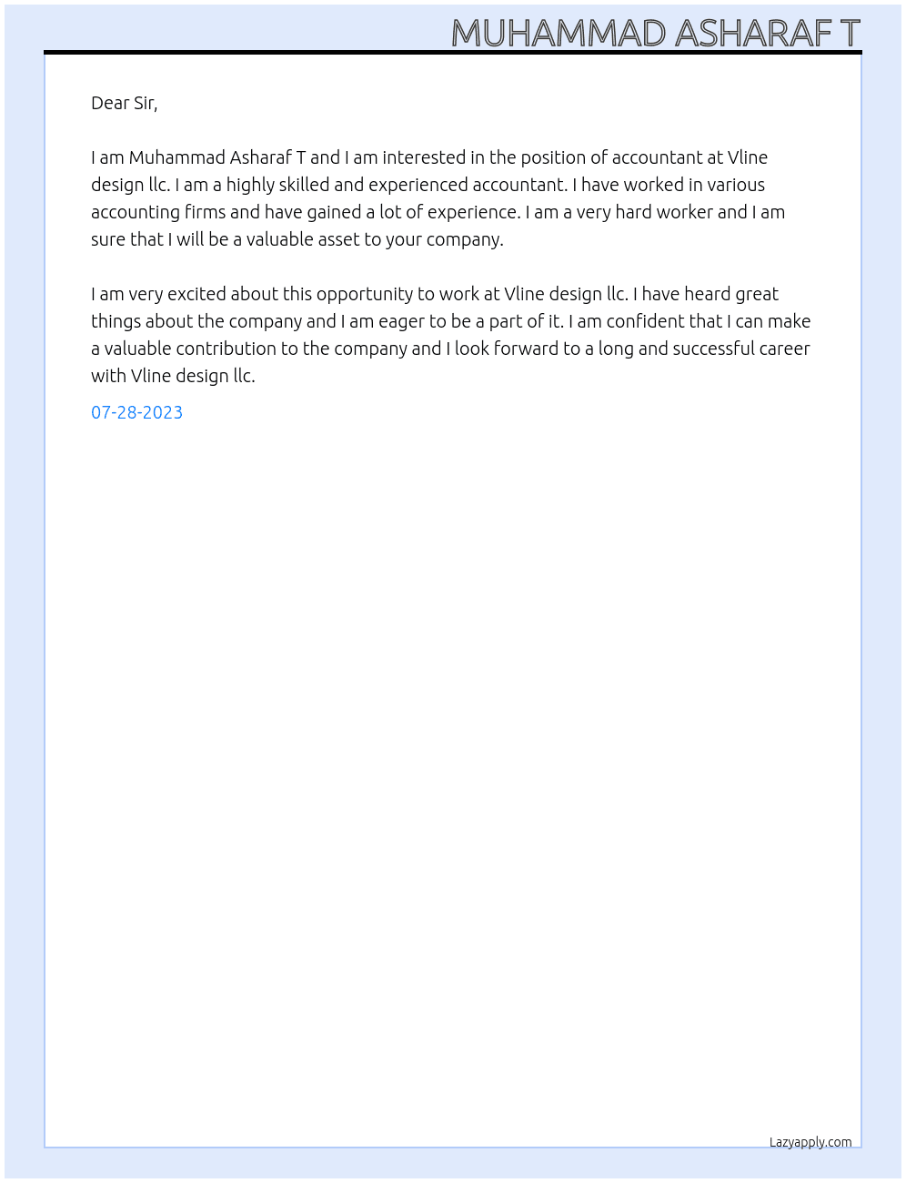 Accountant  At Vline design llc Cover Letter