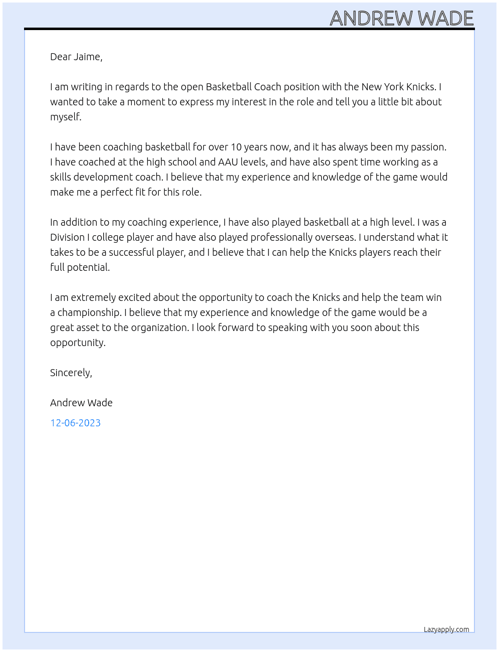 Basketball Coach At New York Knicks Cover Letter