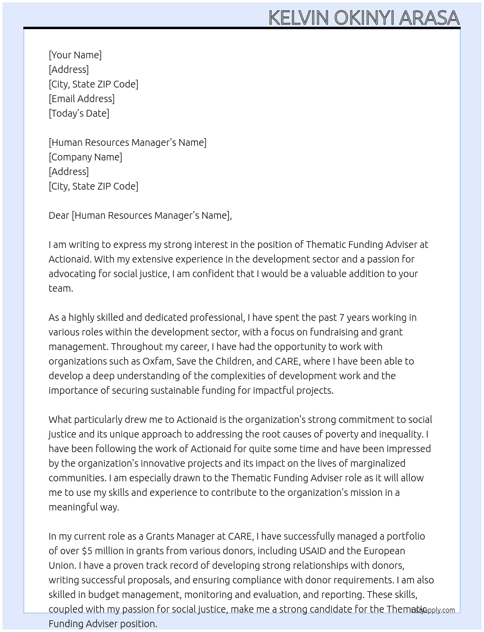 Thematic Funding Adviser At Actionaid Cover Letter