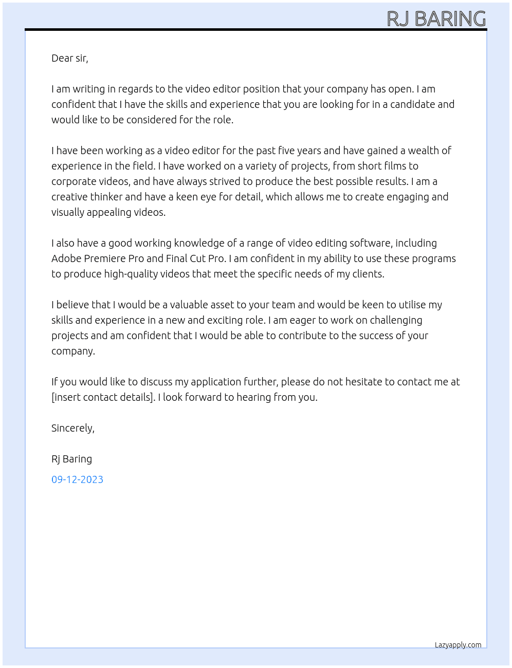 video editor At company Cover Letter