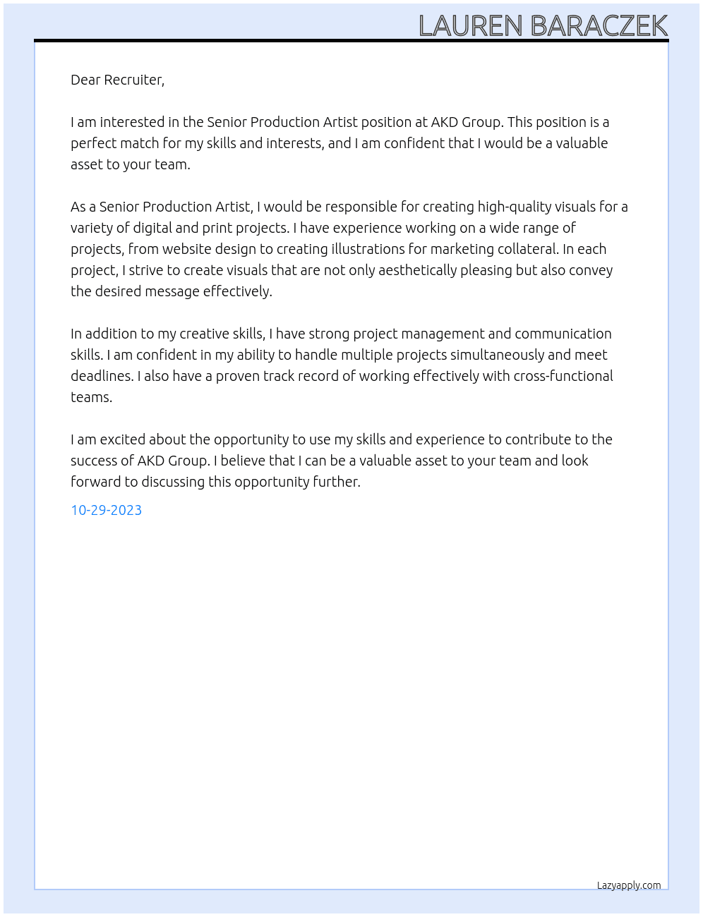 Senior Production Artist At AKD Group  Cover Letter