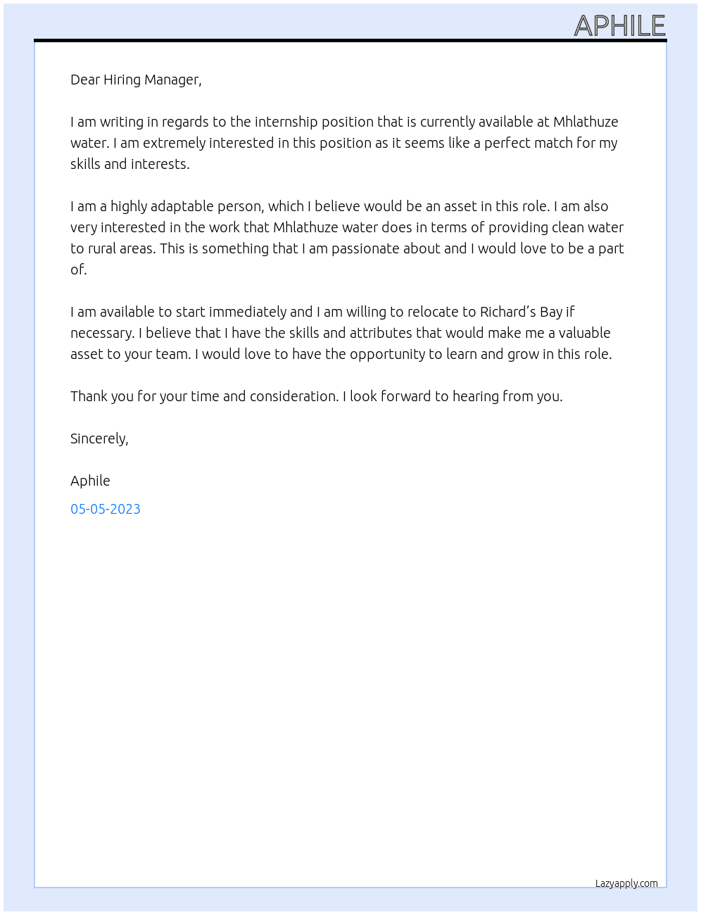 Internship  At Mhlathuze water Cover Letter