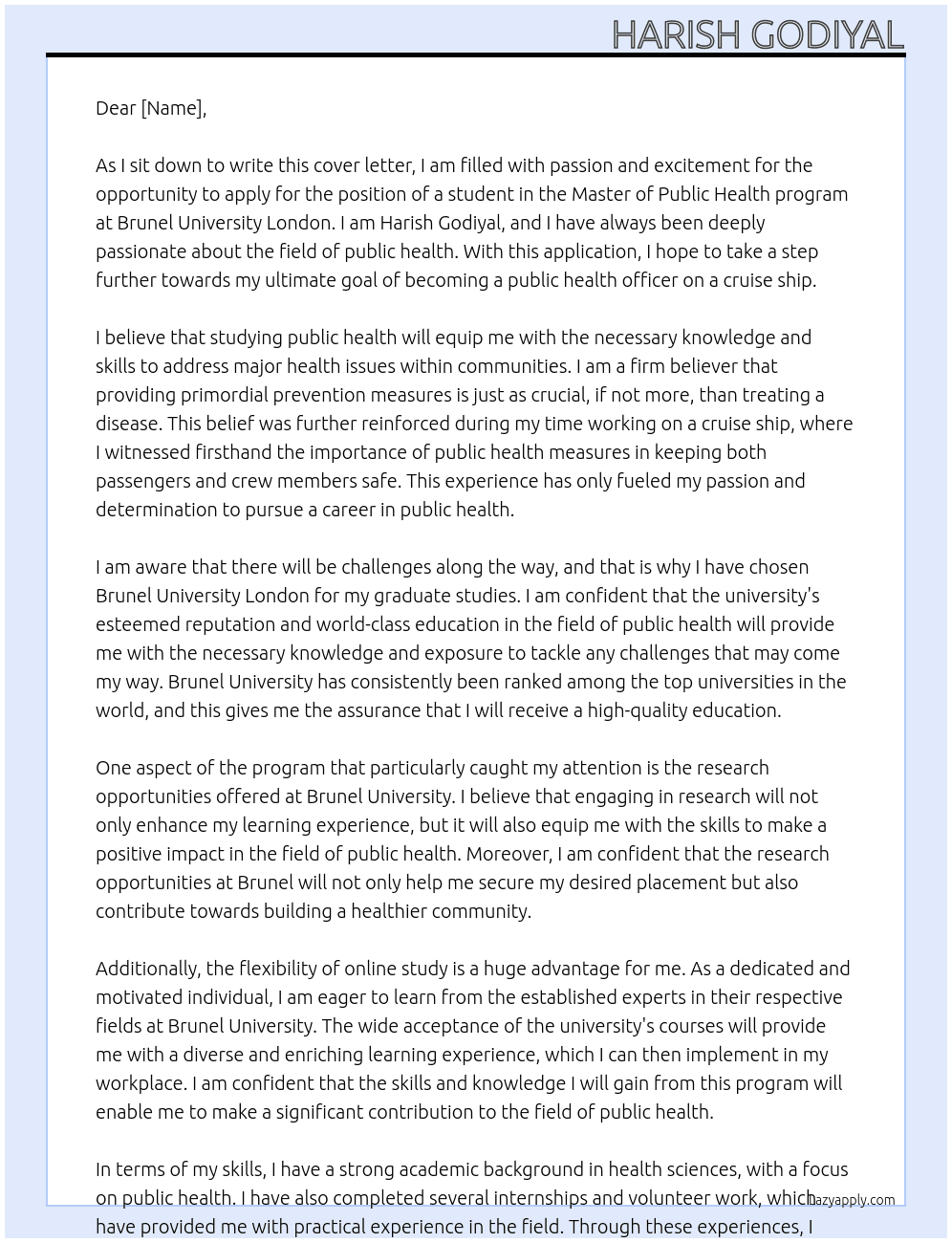 Student application for master in public health  At Brunel University london Cover Letter