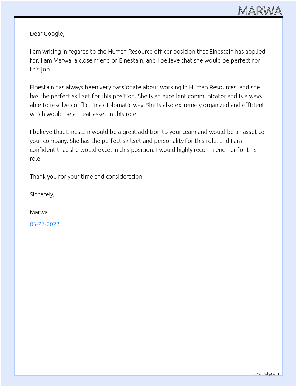 Human Resource officer At google Cover Letter