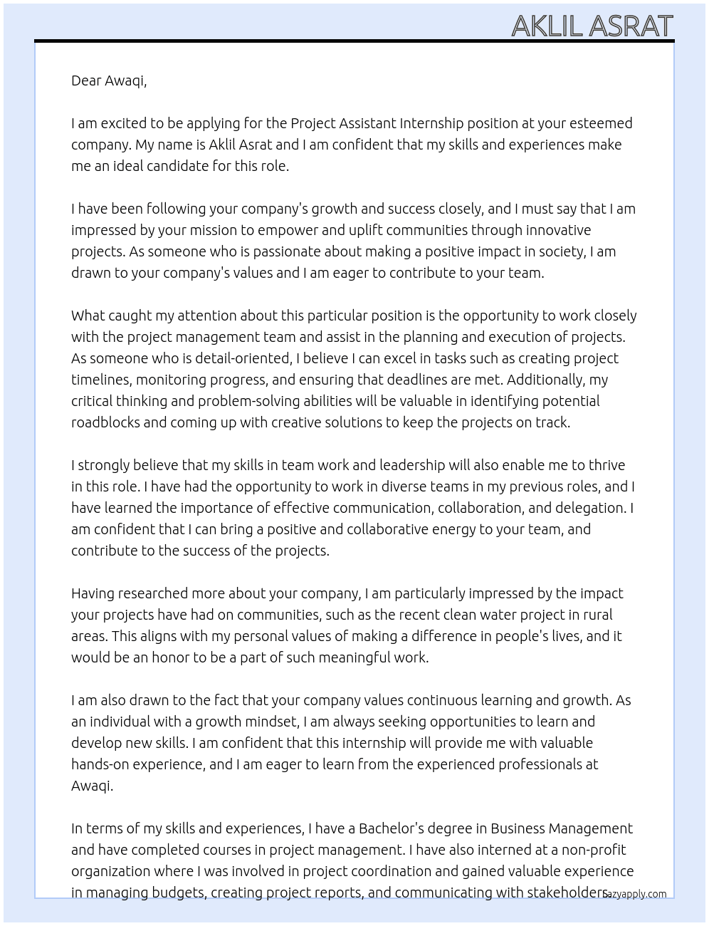 Project Assistant Internship  At AWAQI Cover Letter
