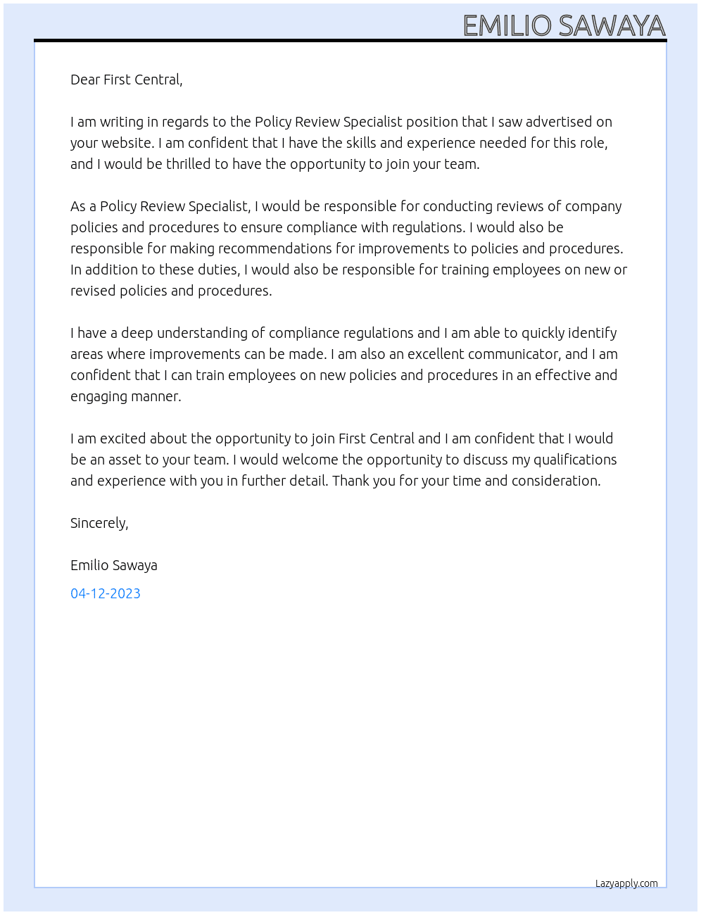 Policy Review Specialist At First Central  Cover Letter