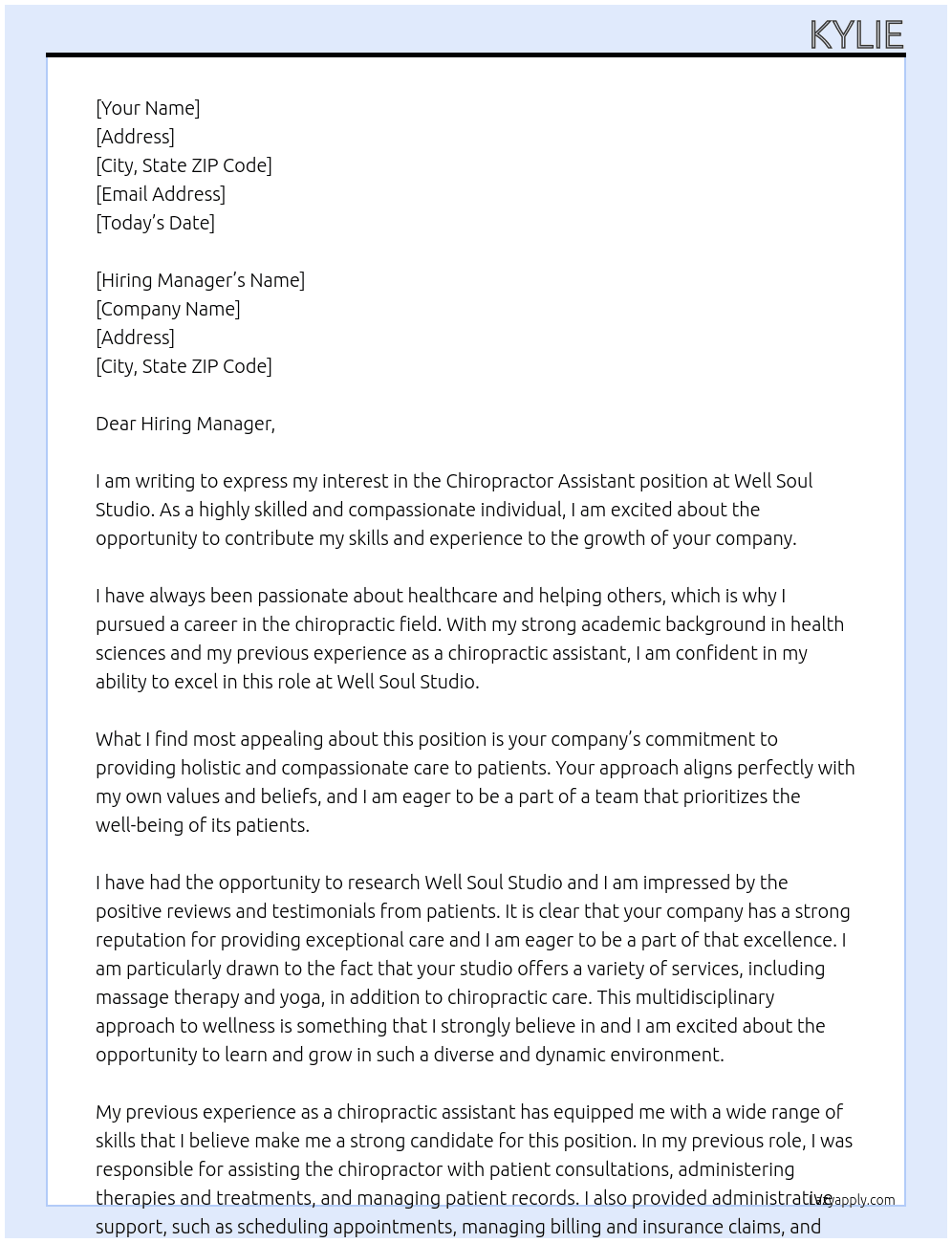 Chiropractor Assistant At Well Soul Studio Cover Letter