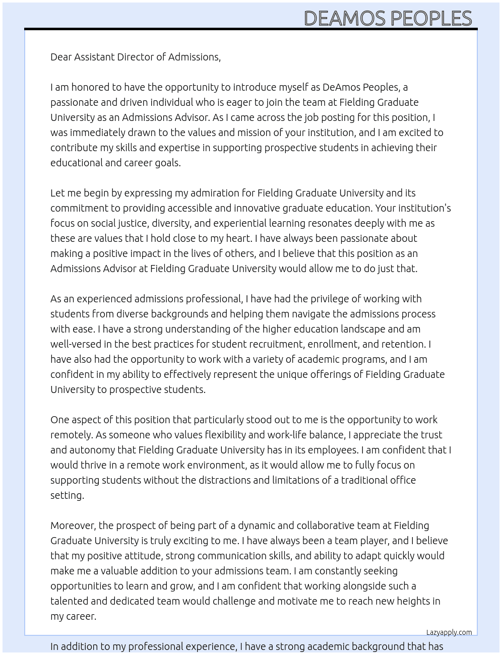 Admissions Advisor At Fielding Graduate University Cover Letter