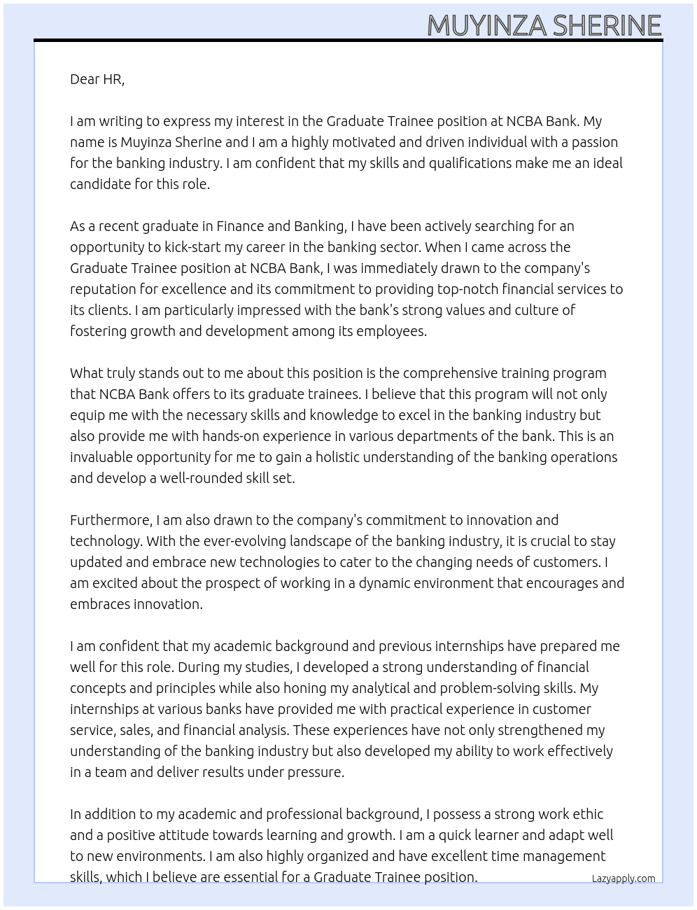 GRADUATE TRAINEE At NCBA BANK Cover Letter