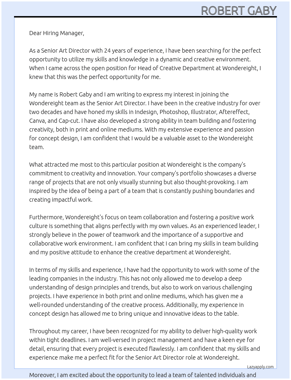 Senior Art Director with 24 years experience At wondereight Cover Letter