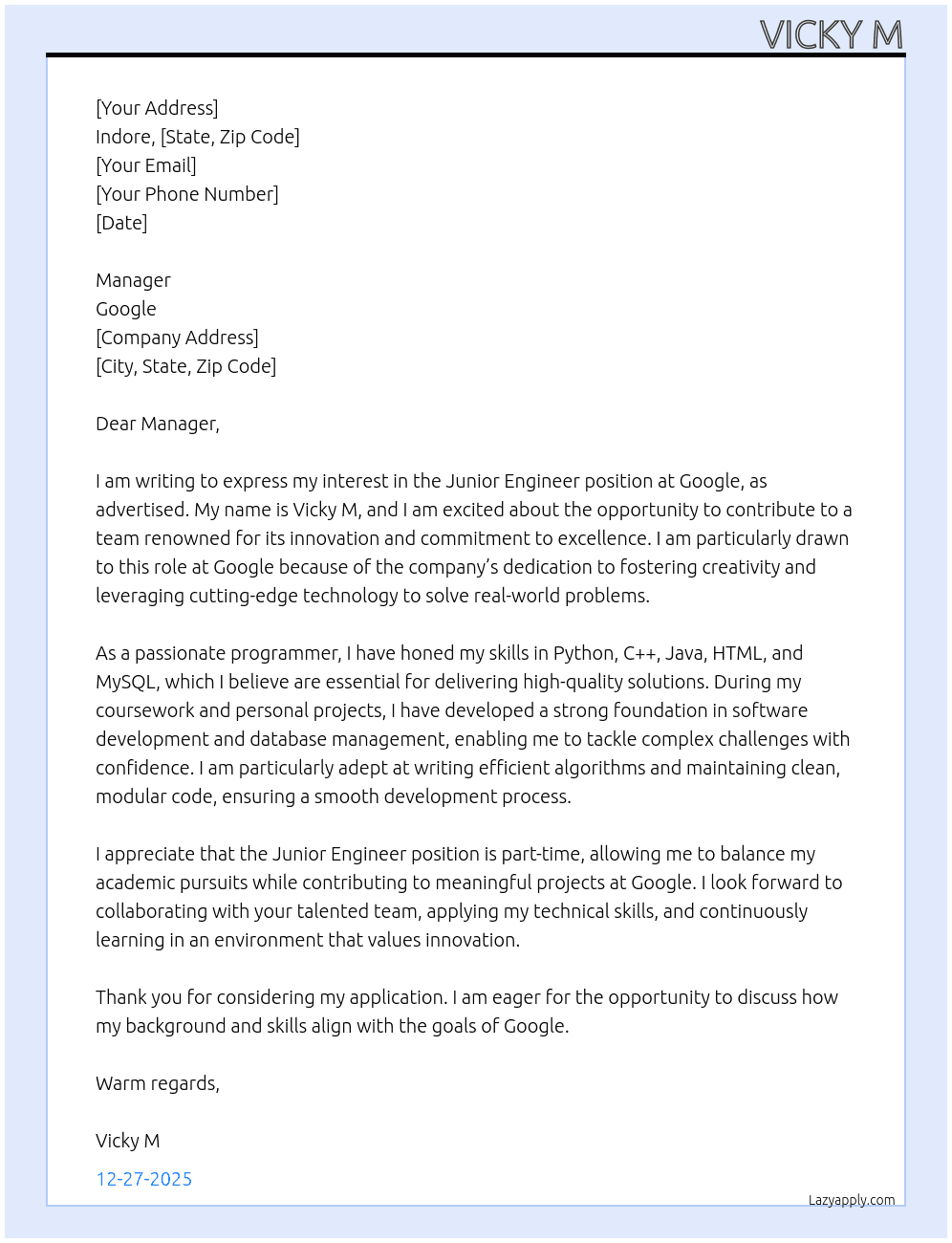 Cover letter for junior enginner - LazyApply