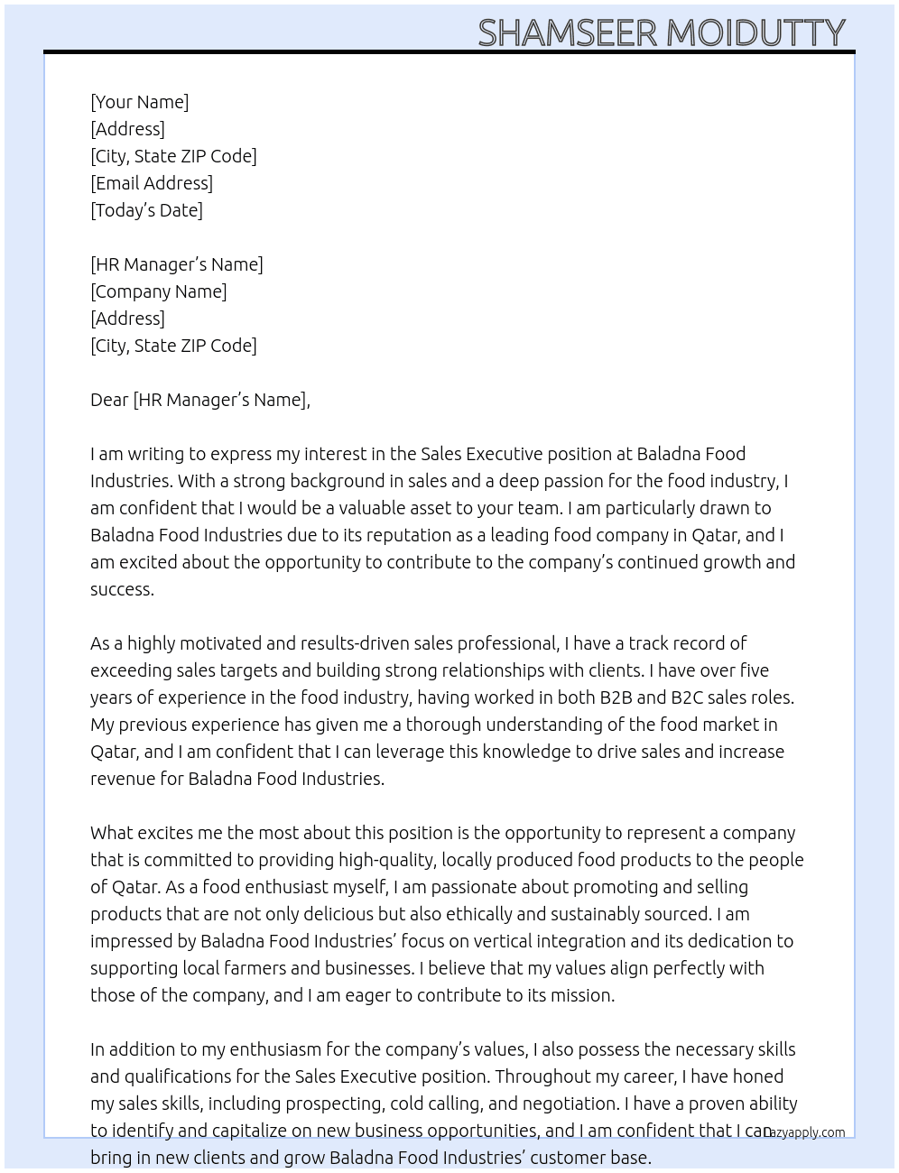 Sales Executive  At Baladna Food Industries  Cover Letter