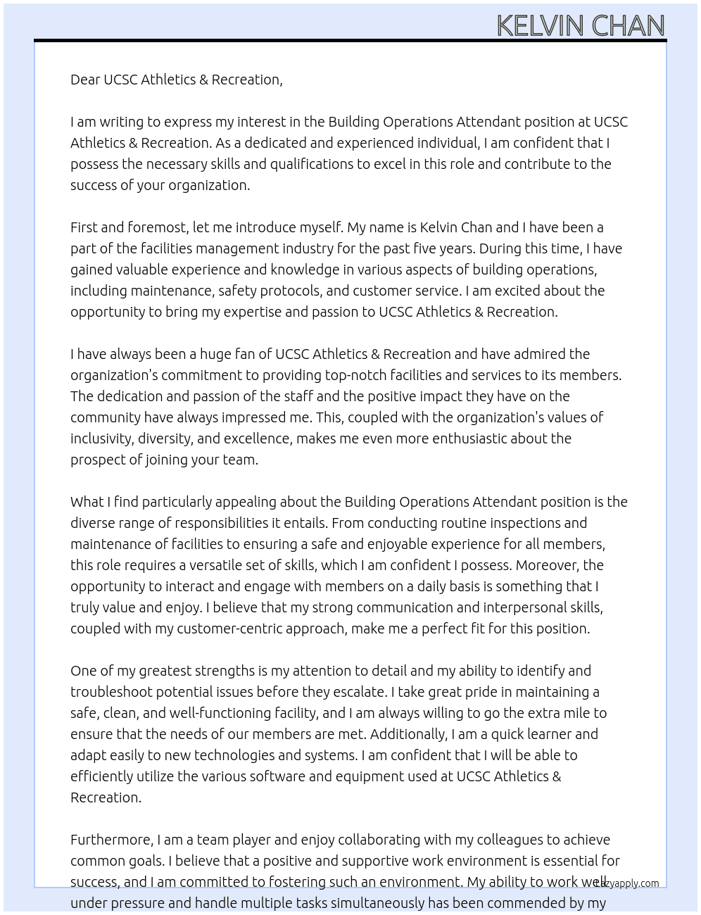 Building Operations Attendant At UCSC Athletics & Recreation Cover Letter