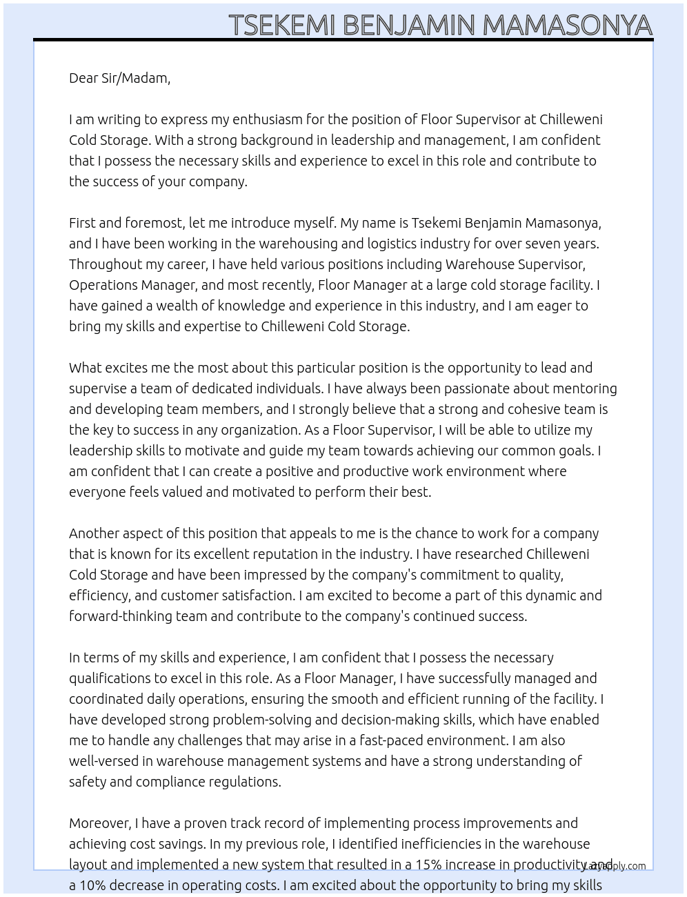 Floor Supervisor  At Chilleweni Cold Storage Cover Letter