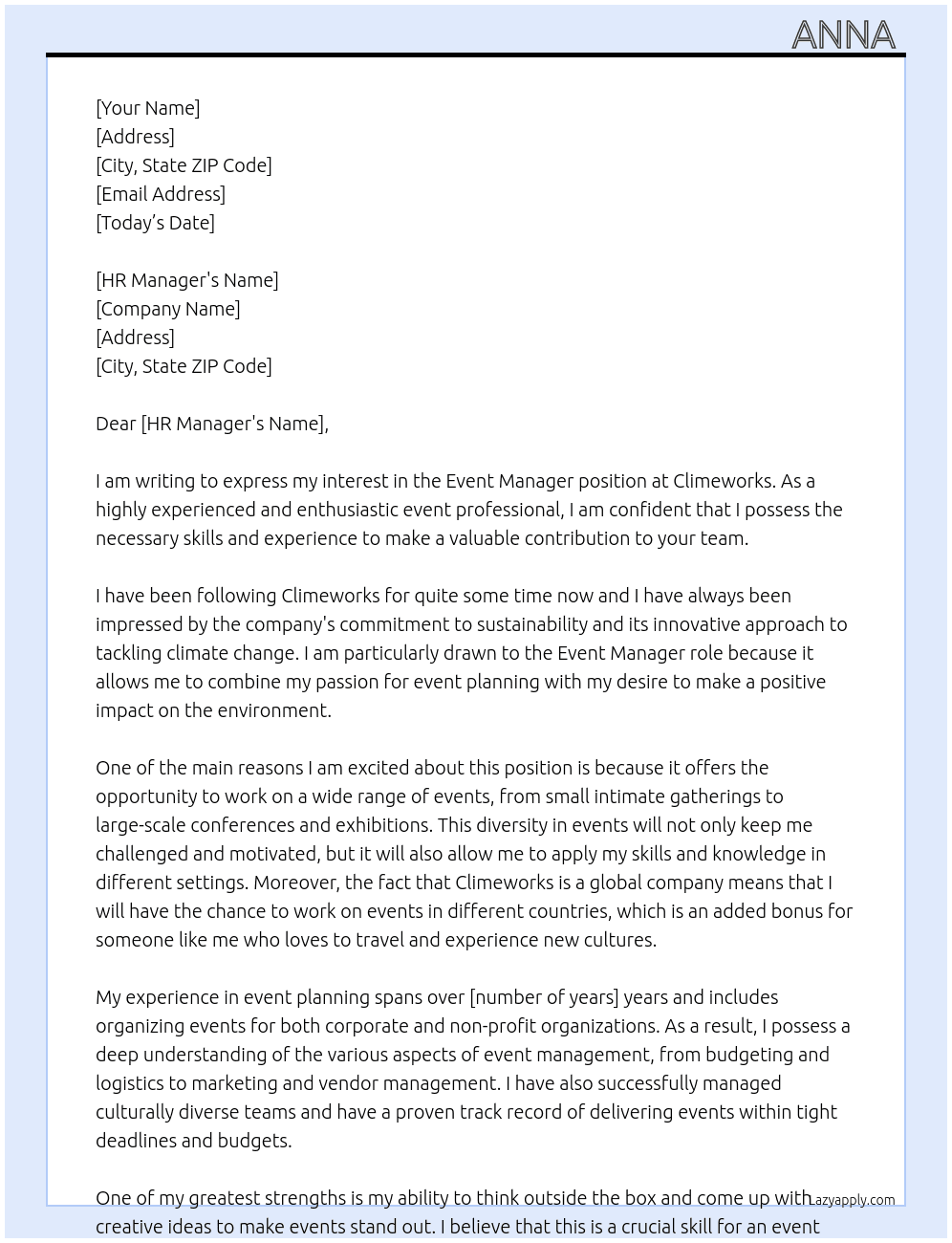 Event Manager At Climeworks Cover Letter