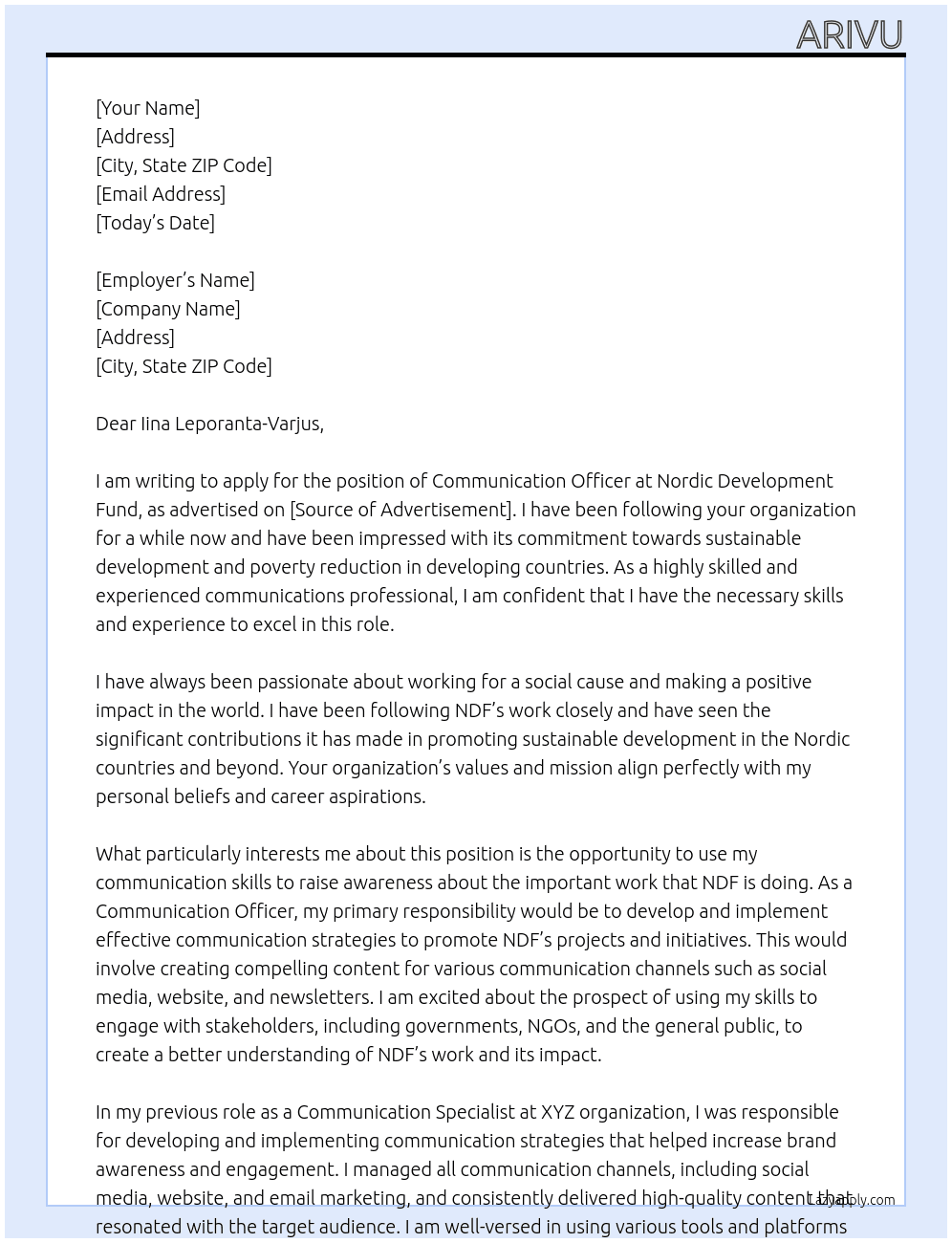 Communication Officer At Nordic Development Fund Cover Letter