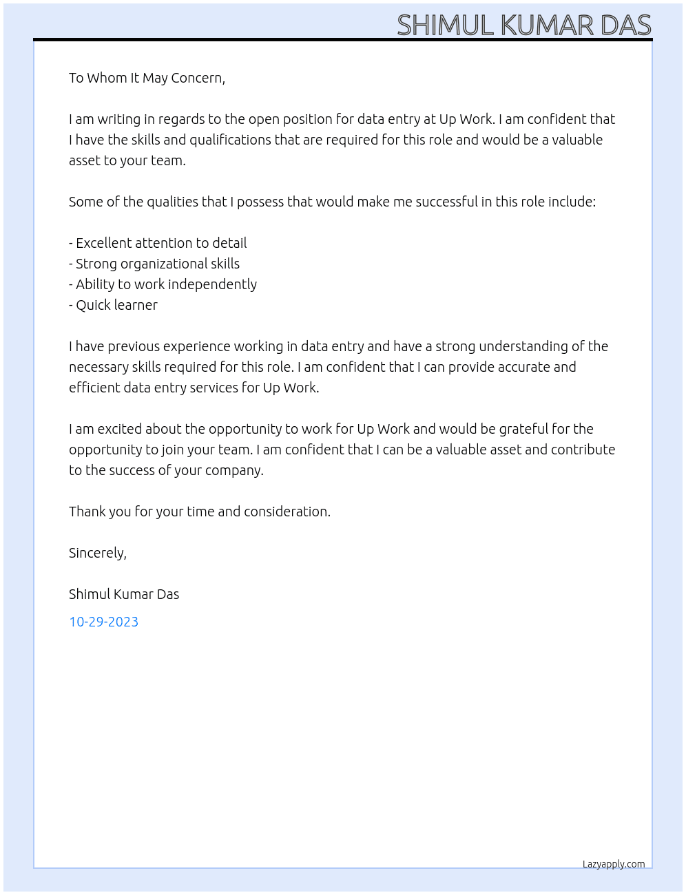 data entry  At up work Cover Letter